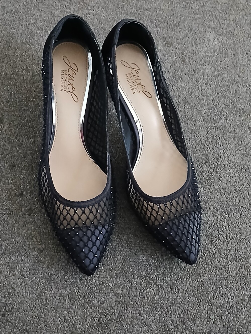 Jewel by Badgley Mischka Black Mesh Stiletto Pumps Pointed Toe Rhinestone Detail